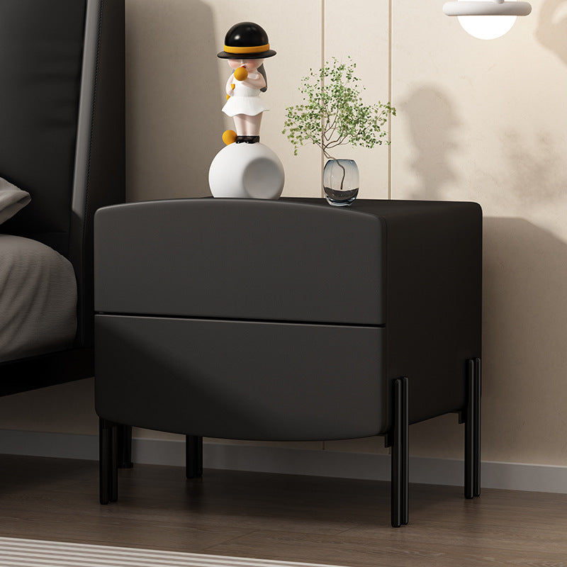 Modern Minimalist Wood Microfiber Leather Iron Square Nightstand 2-Drawer For Bedroom
