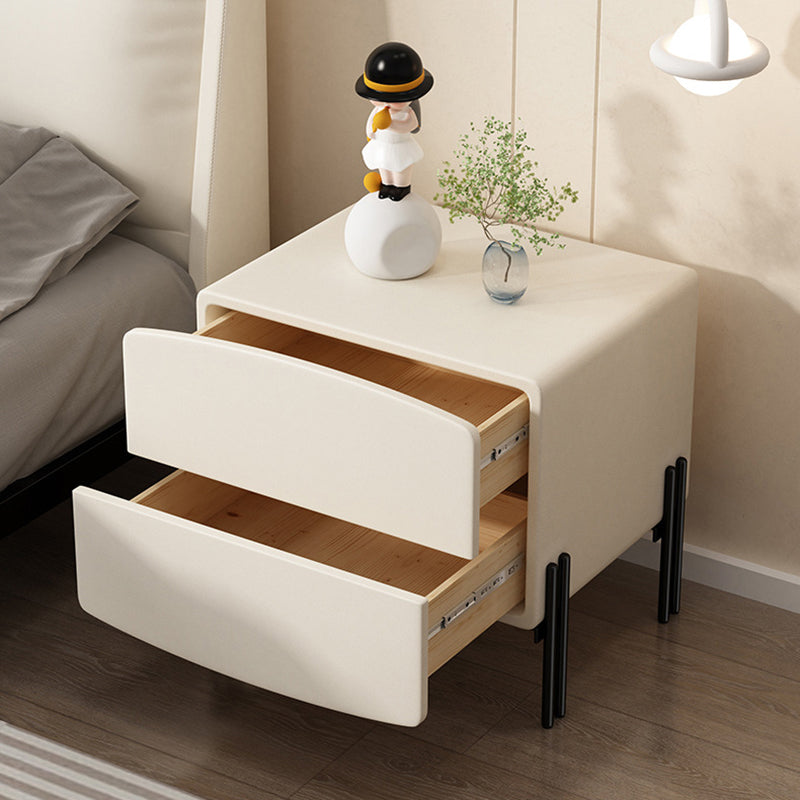 Modern Minimalist Wood Microfiber Leather Iron Square Nightstand 2-Drawer For Bedroom