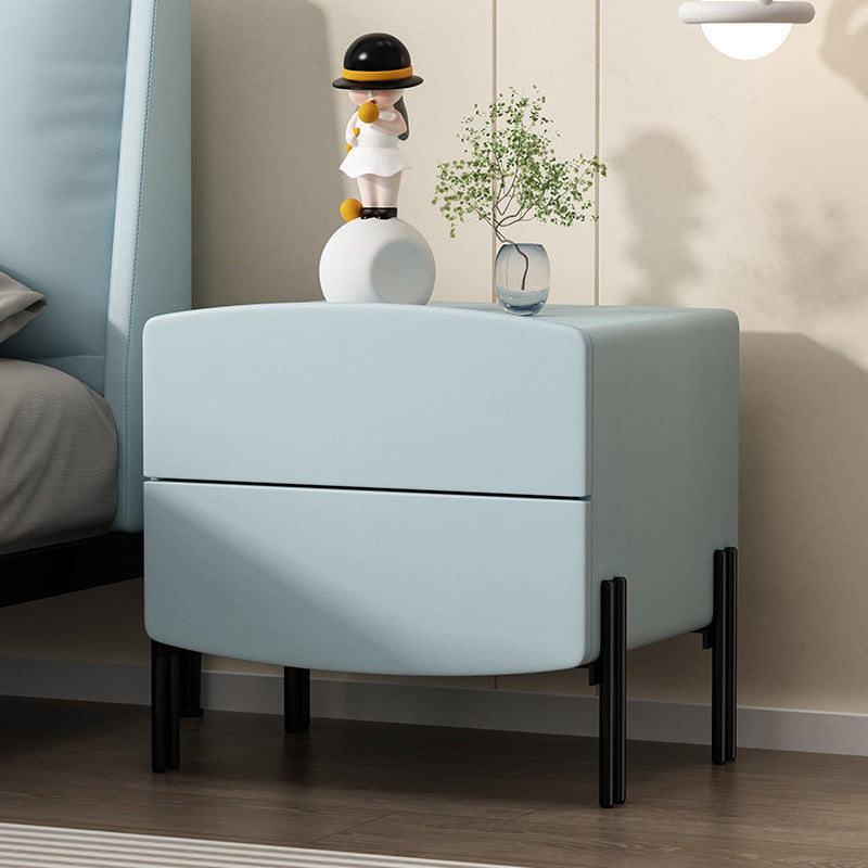 Modern Minimalist Wood Microfiber Leather Iron Square Nightstand 2-Drawer For Bedroom
