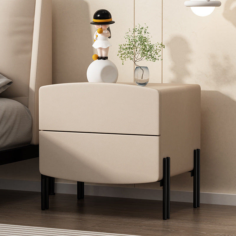 Modern Minimalist Wood Microfiber Leather Iron Square Nightstand 2-Drawer For Bedroom