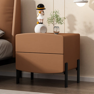 Modern Minimalist Wood Microfiber Leather Iron Square Nightstand 2-Drawer For Bedroom