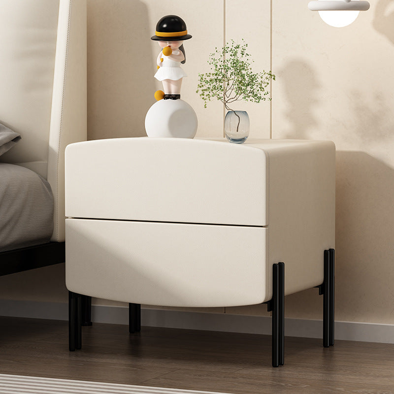 Modern Minimalist Wood Microfiber Leather Iron Square Nightstand 2-Drawer For Bedroom