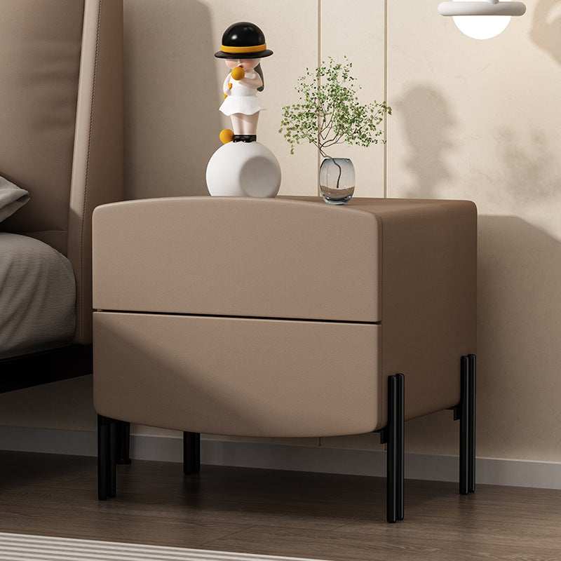 Modern Minimalist Wood Microfiber Leather Iron Square Nightstand 2-Drawer For Bedroom