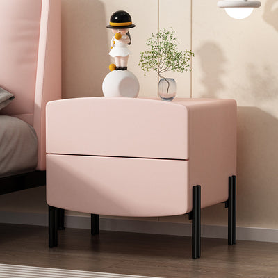 Modern Minimalist Wood Microfiber Leather Iron Square Nightstand 2-Drawer For Bedroom