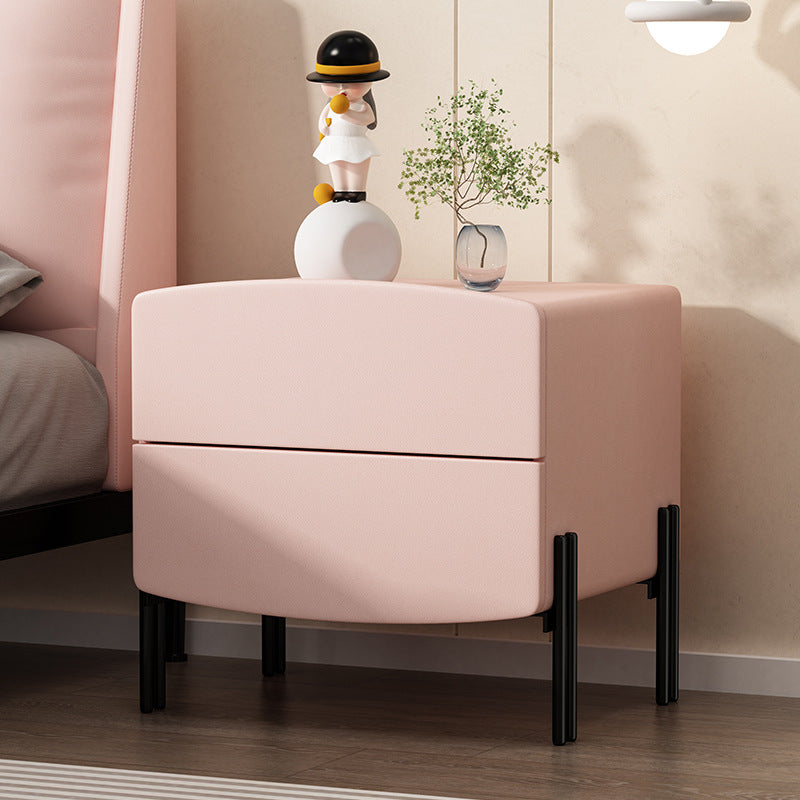 Modern Minimalist Wood Microfiber Leather Iron Square Nightstand 2-Drawer For Bedroom