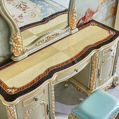 Traditional European Oak Metal Glass PU Leather Rectangular Makeup Vanity & Stool Set With Mirror & 3 Drawers For Bedroom