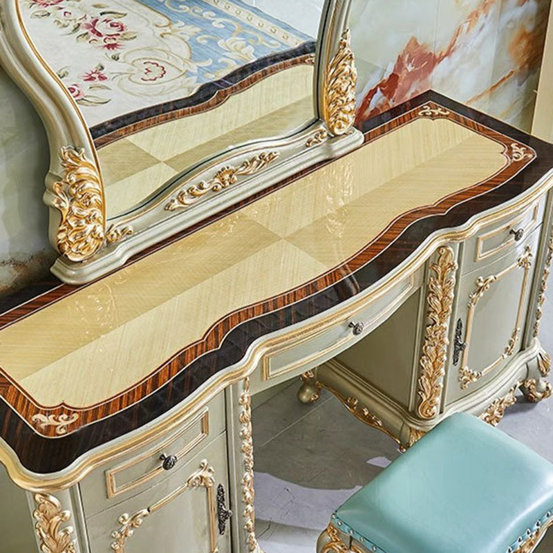 Traditional European Oak Metal Glass PU Leather Rectangular Makeup Vanity & Stool Set With Mirror & 3 Drawers For Bedroom