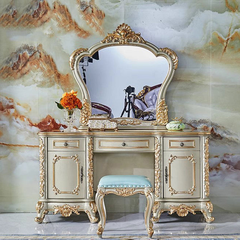 Traditional European Oak Metal Glass PU Leather Rectangular Makeup Vanity & Stool Set With Mirror & 3 Drawers For Bedroom