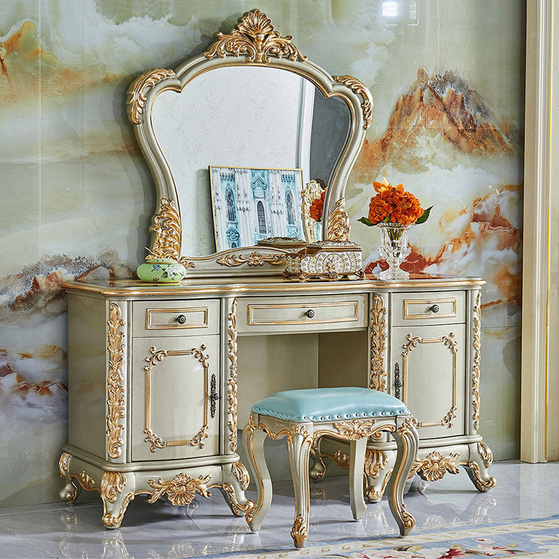 Traditional European Oak Metal Glass PU Leather Rectangular Makeup Vanity & Stool Set With Mirror & 3 Drawers For Bedroom