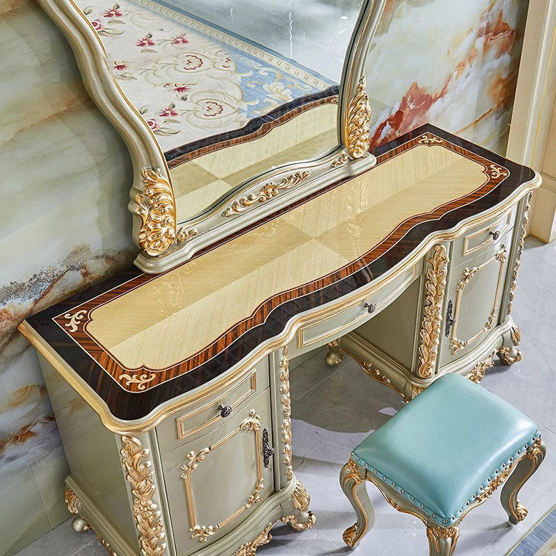 Traditional European Oak Metal Glass PU Leather Rectangular Makeup Vanity & Stool Set With Mirror & 3 Drawers For Bedroom