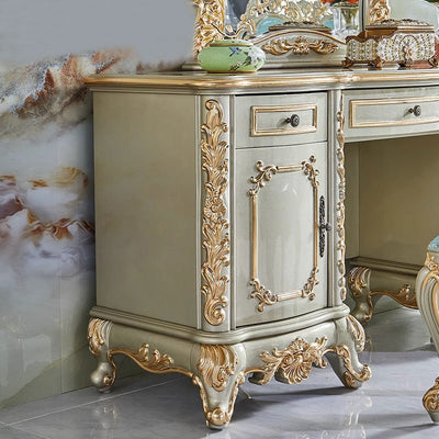 Traditional European Oak Metal Glass PU Leather Rectangular Makeup Vanity & Stool Set With Mirror & 3 Drawers For Bedroom
