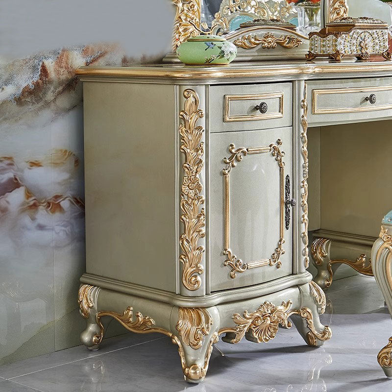 Traditional European Oak Metal Glass PU Leather Rectangular Makeup Vanity & Stool Set With Mirror & 3 Drawers For Bedroom