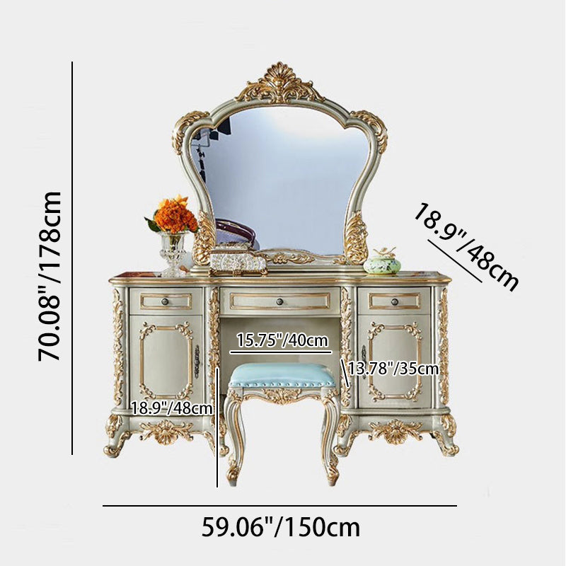 Traditional European Oak Metal Glass PU Leather Rectangular Makeup Vanity & Stool Set With Mirror & 3 Drawers For Bedroom