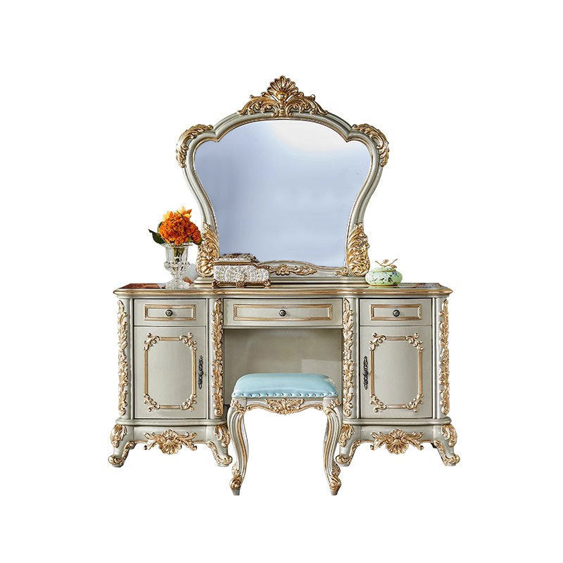 Traditional European Oak Metal Glass PU Leather Rectangular Makeup Vanity & Stool Set With Mirror & 3 Drawers For Bedroom