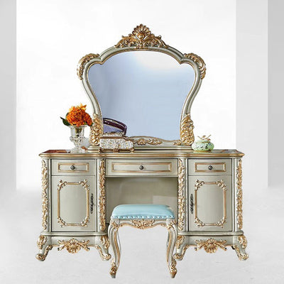 Traditional European Oak Metal Glass PU Leather Rectangular Makeup Vanity & Stool Set With Mirror & 3 Drawers For Bedroom
