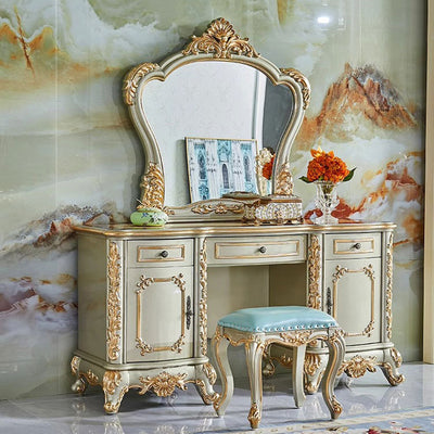 Traditional European Oak Metal Glass PU Leather Rectangular Makeup Vanity & Stool Set With Mirror & 3 Drawers For Bedroom