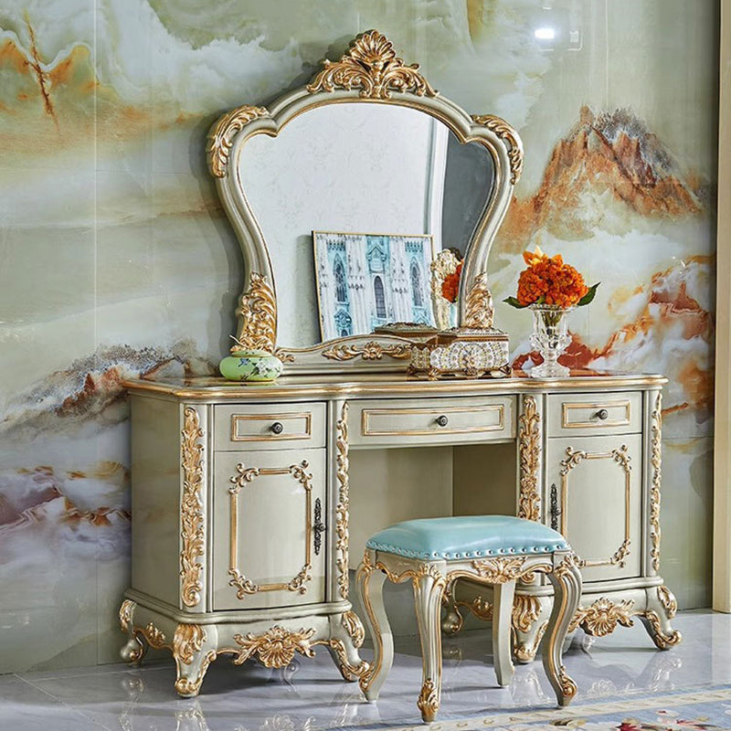 Traditional European Oak Metal Glass PU Leather Rectangular Makeup Vanity & Stool Set With Mirror & 3 Drawers For Bedroom