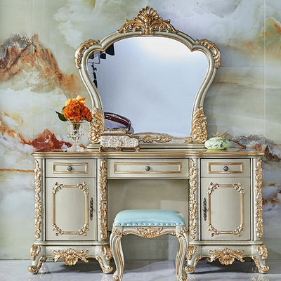Traditional European Oak Metal Glass PU Leather Rectangular Makeup Vanity & Stool Set With Mirror & 3 Drawers For Bedroom