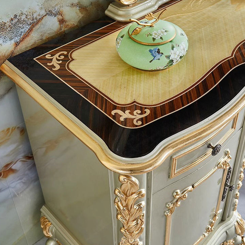 Traditional European Oak Metal Glass PU Leather Rectangular Makeup Vanity & Stool Set With Mirror & 3 Drawers For Bedroom
