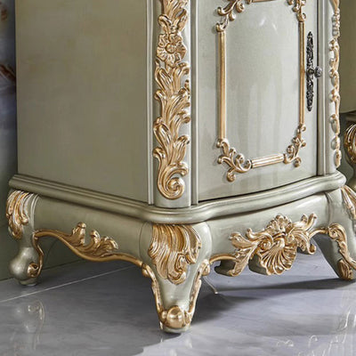 Traditional European Oak Metal Glass PU Leather Rectangular Makeup Vanity & Stool Set With Mirror & 3 Drawers For Bedroom