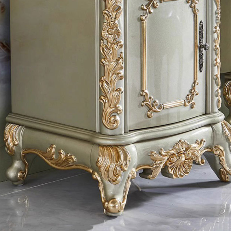 Traditional European Oak Metal Glass PU Leather Rectangular Makeup Vanity & Stool Set With Mirror & 3 Drawers For Bedroom
