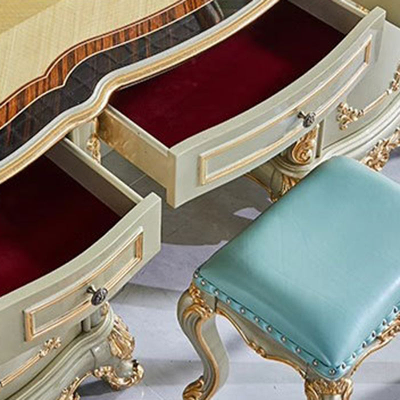 Traditional European Oak Metal Glass PU Leather Rectangular Makeup Vanity & Stool Set With Mirror & 3 Drawers For Bedroom