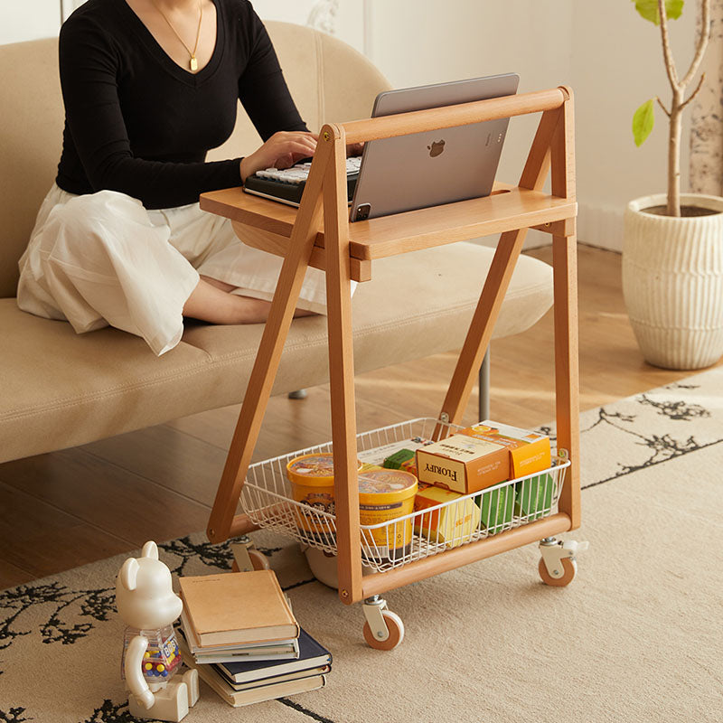 Contemporary Retro Wood Iron Square Movable End Table 2-Tier For Living Room