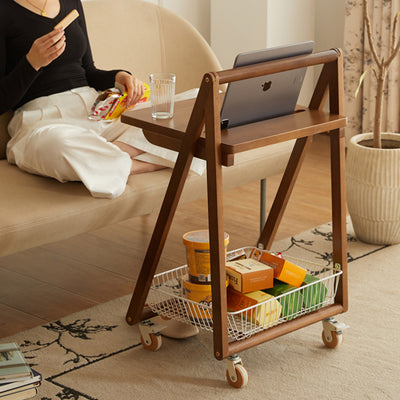Contemporary Retro Wood Iron Square Movable End Table 2-Tier For Living Room
