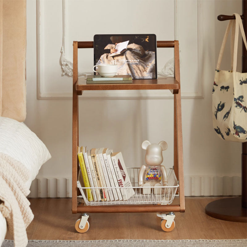 Contemporary Retro Wood Iron Square Movable End Table 2-Tier For Living Room