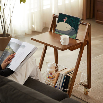 Contemporary Retro Wood Iron Square Movable End Table 2-Tier For Living Room