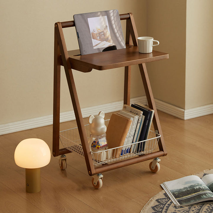 Moderner retro Beistelltisch aus Massivholz und Eisen, quadratisch, beweglich, 2 Ebenen, für das Wohnzimmer 