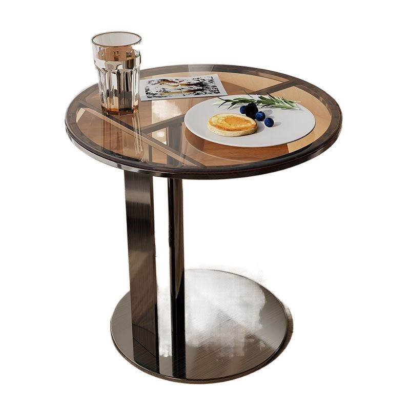 Modern Minimalist Glass Stone Slab Stainless Steel Round End Table 2-Tier For Living Room