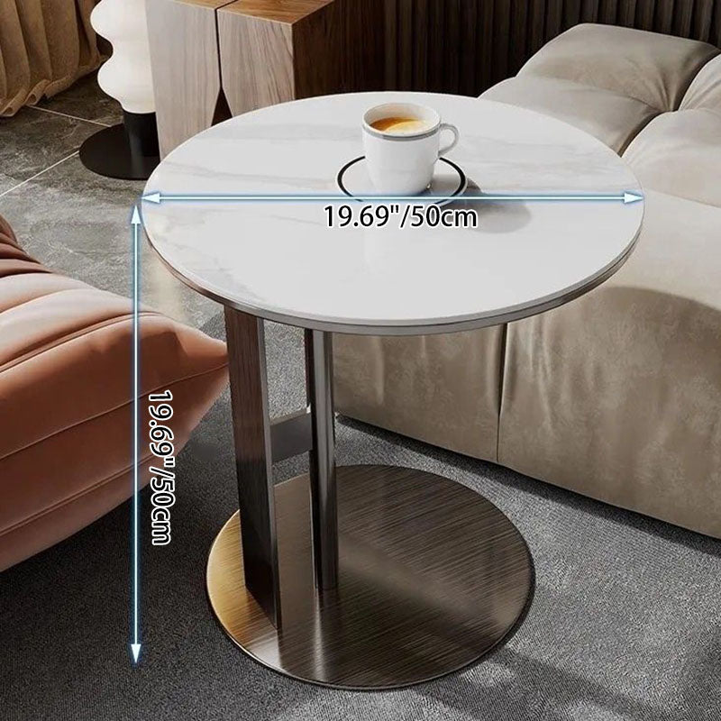 Modern Minimalist Glass Stone Slab Stainless Steel Round End Table 2-Tier For Living Room