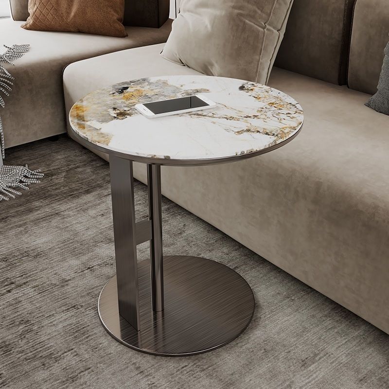 Modern Minimalist Glass Stone Slab Stainless Steel Round End Table 2-Tier For Living Room