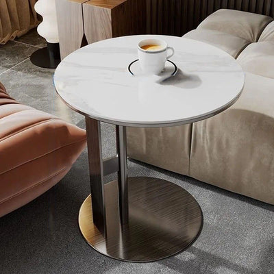 Modern Minimalist Glass Stone Slab Stainless Steel Round End Table 2-Tier For Living Room