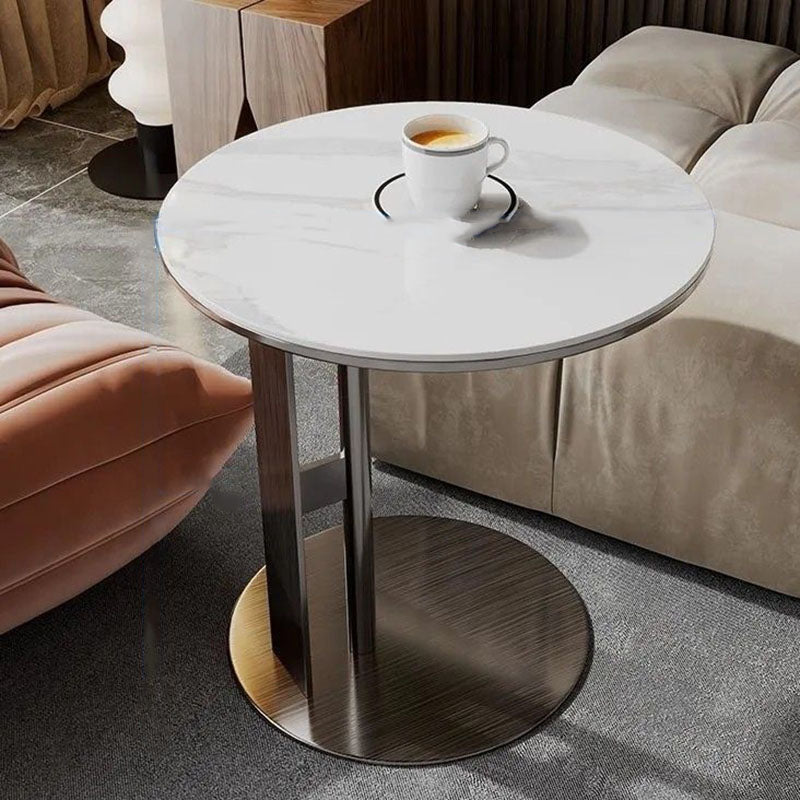 Modern Minimalist Glass Stone Slab Stainless Steel Round End Table 2-Tier For Living Room