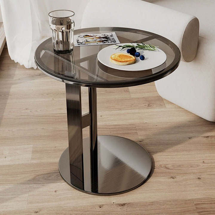 Mesa auxiliar redonda moderna minimalista de vidrio, losa de piedra y acero inoxidable de 2 niveles para sala de estar 