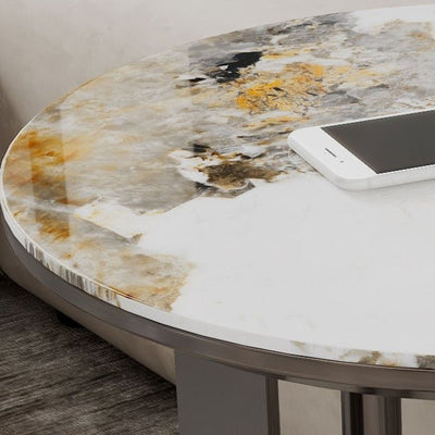 Modern Minimalist Glass Stone Slab Stainless Steel Round End Table 2-Tier For Living Room