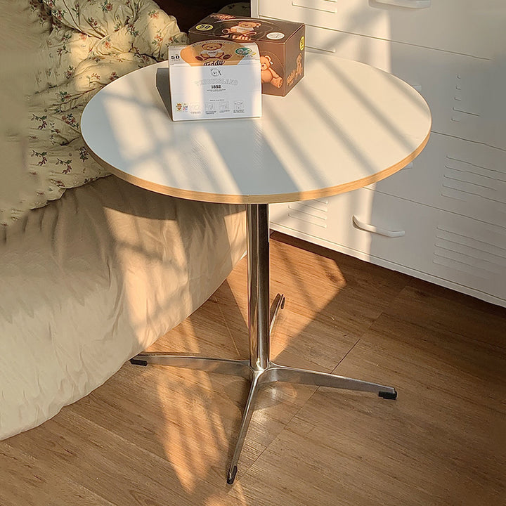Moderner minimalistischer runder Esstisch aus Sperrholz, Edelstahl und Aluminium mit 1 Ablage für Esszimmer &amp; Küche 