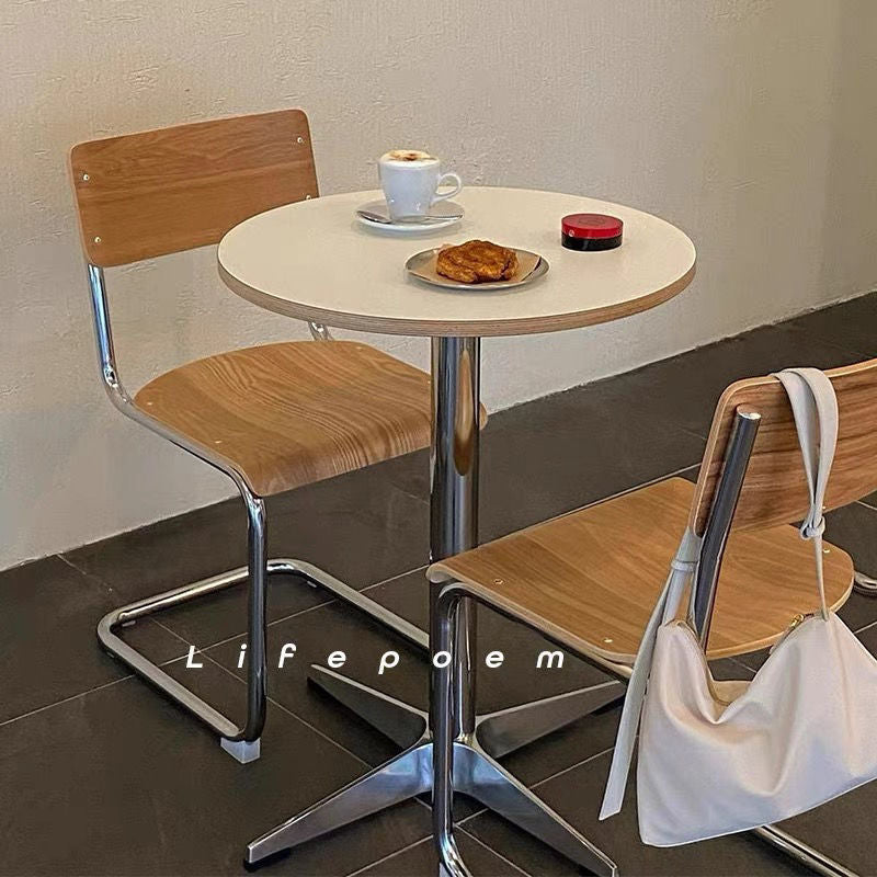 Moderner minimalistischer runder Esstisch aus Sperrholz, Edelstahl und Aluminium mit 1 Ablage für Esszimmer &amp; Küche 