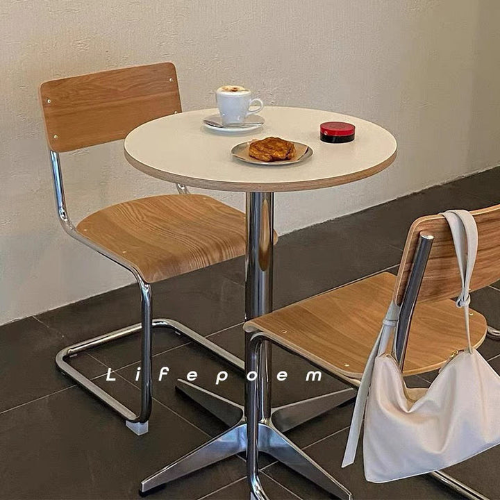 Moderner minimalistischer runder Esstisch aus Sperrholz, Edelstahl und Aluminium mit 1 Ablage für Esszimmer &amp; Küche 