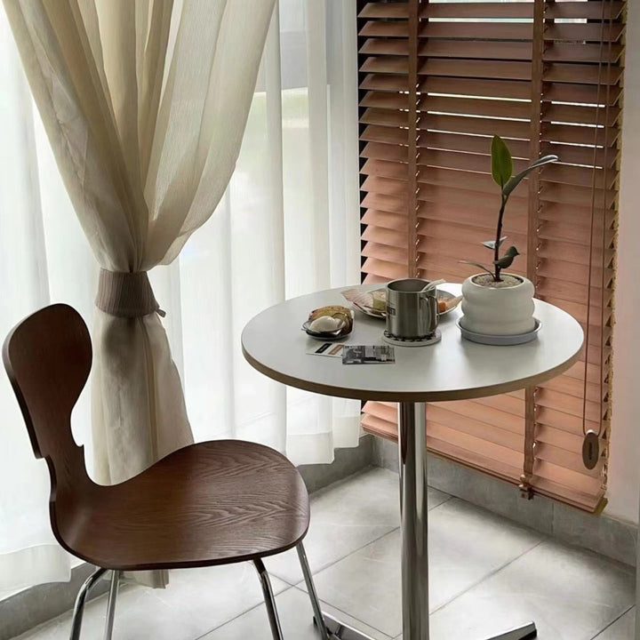 Moderner minimalistischer runder Esstisch aus Sperrholz, Edelstahl und Aluminium mit 1 Ablage für Esszimmer &amp; Küche 