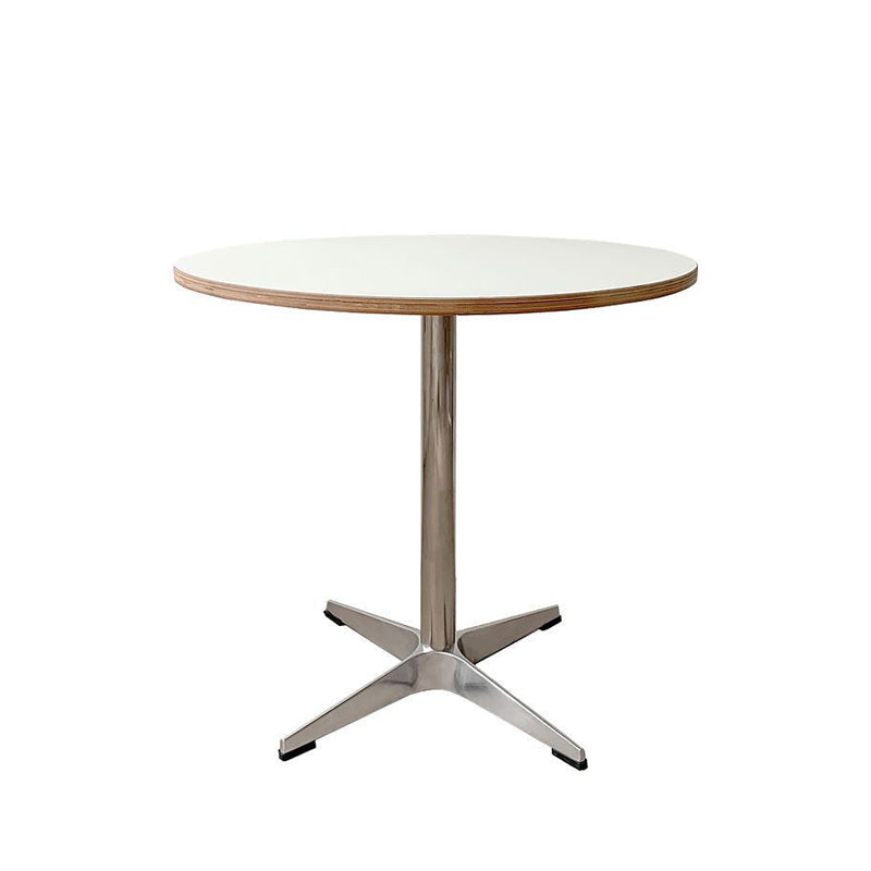 Moderner minimalistischer runder Esstisch aus Sperrholz, Edelstahl und Aluminium mit 1 Ablage für Esszimmer &amp; Küche 