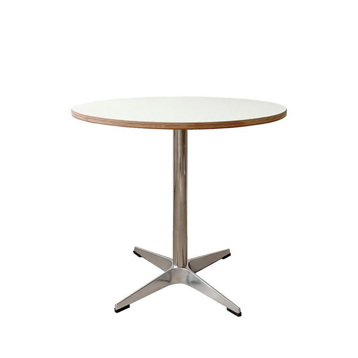 Moderner minimalistischer runder Esstisch aus Sperrholz, Edelstahl und Aluminium mit 1 Ablage für Esszimmer &amp; Küche 
