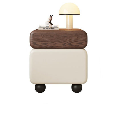 Modern Minimalist Wood Microfiber Leather Square Nightstand 2-Drawer For Bedroom