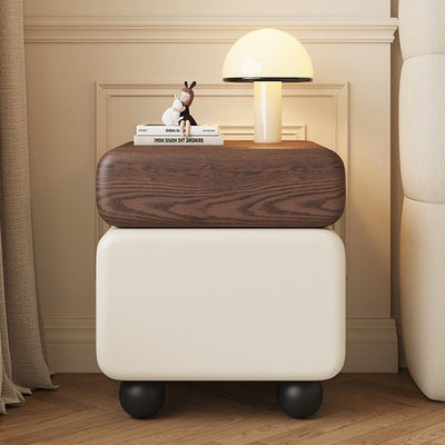 Modern Minimalist Wood Microfiber Leather Square Nightstand 2-Drawer For Bedroom