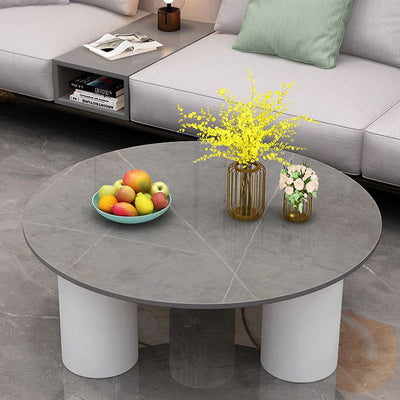 Moderner minimalistischer runder Säulen-Steinplatten-Glas-Stahlrahmen-Beistelltisch 1-stufig für das Wohnzimmer 