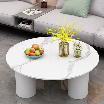 Moderner minimalistischer runder Säulen-Steinplatten-Glas-Stahlrahmen-Beistelltisch 1-stufig für das Wohnzimmer 
