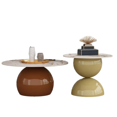 Zeitgenössischer kreativer Creme-Orb-Runder-Halb-Rund-Felsen-Platten-Metall-Beistelltisch 1-stufig für Wohnzimmer 