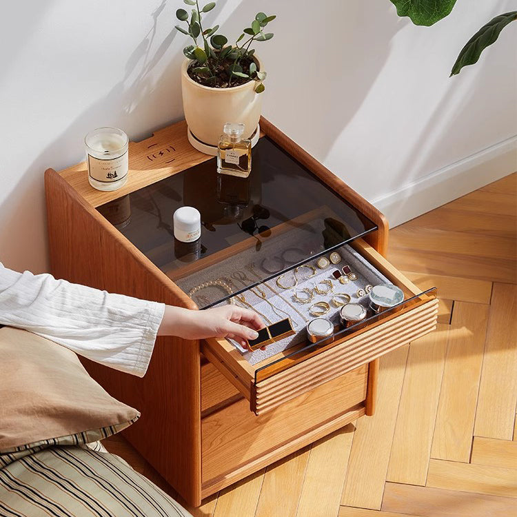 Table de chevet moderne minimaliste amovible en verre carré avec bois massif à 2 tiroirs pour chambre 